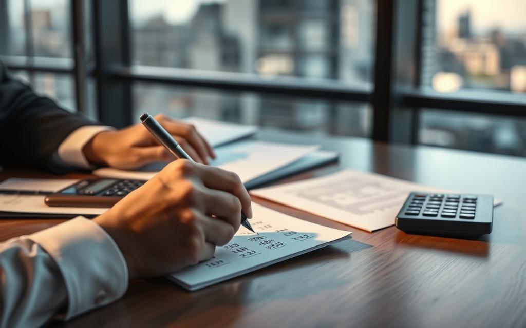 A Lawyer'S Desk, Illuminated By Soft, Directional Lighting, With Documents, A Calculator, And A Pen Neatly Arranged. In The Foreground, A Hand, Partially Obscured, Writes Figures On A Notepad, Calculating The Potential Emotional Distress Compensation. The Background Features A Blurred Cityscape Outside The Window, Conveying A Sense Of The Larger Legal And Social Context. The Scene Evokes A Contemplative, Professional Atmosphere, Capturing The Careful Consideration Required To Determine Fair Compensation For Emotional Distress.