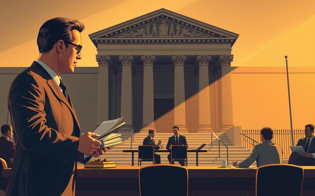A Meticulously Detailed Illustration Of The Legal Process Steps In A Tenant Lawsuit, Captured With A Sharp, Cinematic Lens. In The Foreground, A Lawyer Stands Confidently, Gesturing Towards A Stack Of Documents. In The Middle Ground, A Tenant And Landlord Sit Across A Table, Engaged In A Tense Discussion. In The Background, The Imposing Façade Of A Courthouse Looms, Casting Long Shadows That Convey The Gravity Of The Situation. The Scene Is Illuminated By Warm, Directional Lighting, Creating A Sense Of Drama And High Stakes. The Overall Atmosphere Is One Of Professionalism, Diligence, And The Weight Of The Legal System.