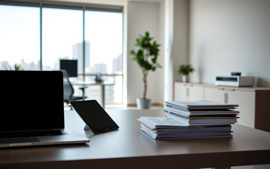 A Well-Lit Office Space With A Minimalist, Modern Aesthetic. In The Foreground, A Neatly Organized Desk Showcases A Laptop, A Tablet, And A Stack Of Documents. The Middle Ground Features An Ergonomic Office Chair And A Potted Plant, Symbolizing A Balanced Workspace. The Background Highlights A Large Window Overlooking A Cityscape, Flooding The Room With Natural Light. The Overall Atmosphere Conveys A Sense Of Productivity, Diligence, And Attention To Detail - Qualities Essential For Iid Compliance. A Clean, Professional, And Inviting Environment That Inspires Focus And Responsibility.