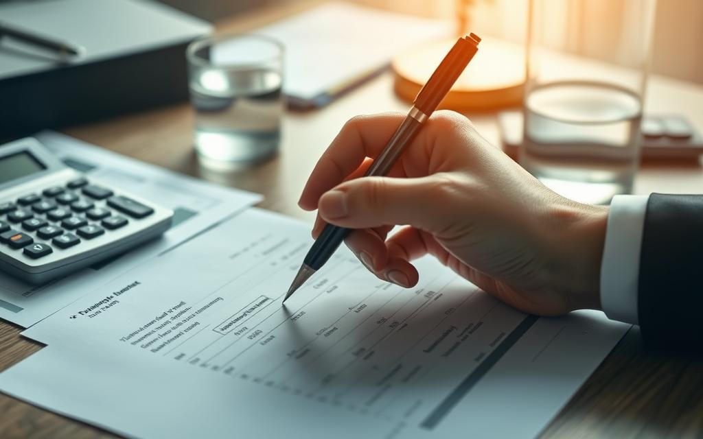 An Office Desk With A Calculator, Financial Documents, And A Glass Of Water. In The Foreground, A Hand Holds A Pen, Poised To Make Calculations. The Lighting Is Soft And Warm, Creating A Pensive, Analytical Atmosphere. The Background Is Slightly Blurred, Hinting At The Broader Context Of A Legal Proceeding Or Negotiation. The Overall Composition Conveys The Careful, Methodical Process Of Determining Fair Emotional Damage Compensation.