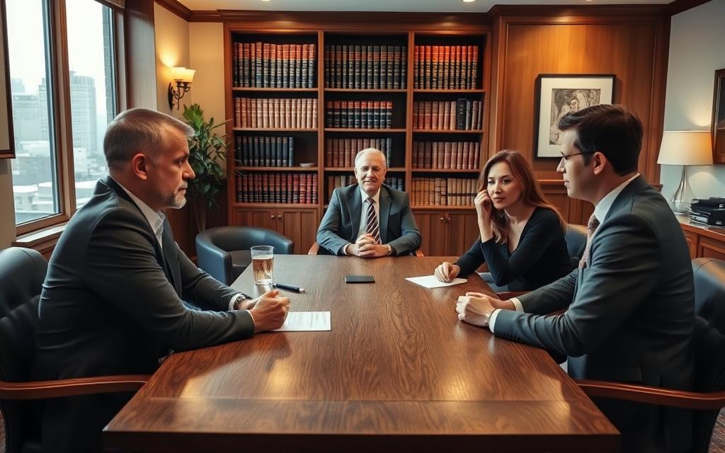 A Cozy Meeting Room With Warm Lighting And Wood Accents. In The Foreground, Two People, A Landlord And A Tenant, Sit Across A Sturdy Oak Table, Engaged In A Thoughtful Discussion. Their Body Language Indicates A Constructive, Problem-Solving Atmosphere. In The Middle Ground, A Mediator Sits Calmly, Facilitating The Dialogue. The Background Features A Bookshelf Filled With Legal Tomes And A Window Overlooking A Serene Urban Landscape, Hinting At The Expertise And Professionalism Of The Space. The Overall Mood Is One Of Understanding, Compromise, And A Shared Commitment To Finding A Mutually Beneficial Resolution.