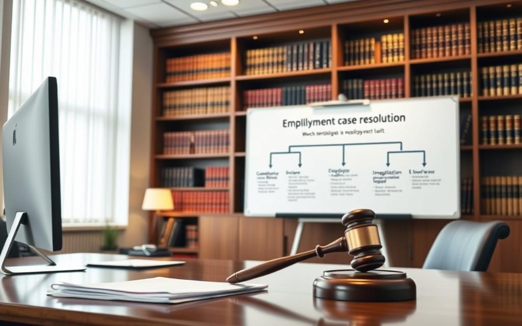 A Well-Lit, Modern Law Office Interior. In The Foreground, A Desk With A Computer, Papers, And A Gavel Symbolizing The Legal Process. The Middle Ground Features A Whiteboard With A Step-By-Step Diagram Of The Employment Case Resolution Workflow, Including Consultation, Investigation, Negotiation, And Potential Litigation. In The Background, Bookcases Filled With Legal Volumes Create A Professional, Authoritative Atmosphere. Subtle Lighting Casts A Warm, Focused Glow, Conveying A Sense Of Expertise And Diligence In Handling Wrongful Termination Cases. The Overall Scene Communicates A Structured, Methodical Approach To Protecting Employees' Rights.
